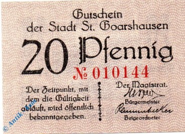 Notgeld Sankt Goarshausen , 20 Pfennig Schein , Tieste 6415.05.02 , Rheinland Verkehrsausgabe