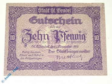 Notgeld Sankt Wendel , 10 Pfennig Schein , Tieste 6420.05.01 , von 1919 , Rheinland Verkehrsausgabe