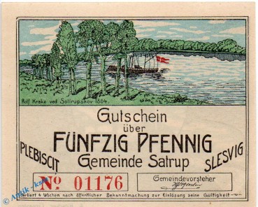 Satrup , Notgeld 50 Pfennig Schein in kfr. M-G 1168.1.d , Schleswig o.D. SeriennotgeldSatrup , Notgeld 50 Pfennig Schein in kfr. M-G 1168.1.d , Schleswig o.D. Seriennotgeld