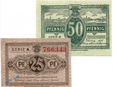 Notgeld Schwerin , Set mit 2 Scheinen in kfr. Tieste 6790.10.05-06 , o.D. Mecklenburg Schwerin Verkehrsausgabe