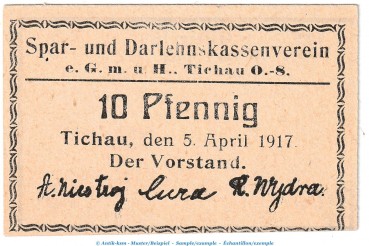 Notgeld Spar-u.Darl. Verein Tichau , 10 Pfennig --Fehldruck O.8.-- in kfr. Tieste 7350.05.20 von 1917 , Schlesien Verkehrsausgabe