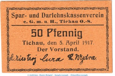 Notgeld Spar-u.Darl. Verein Tichau , 50 Pfennig --Fehldruck O.8.-- in kfr. Tieste 7350.05.22 von 1917 , Schlesien Verkehrsausgabe