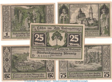 Notgeld Sparkasse Lähn 756.1.b , Wappen Set mit 6 Scheinen in kfr. o.D. Schlesien Seriennotgeld