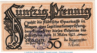 Notgeld Sparkasse Mayen , 50 Pfennig Schein in kfr. Tieste 4440.05.02 von 1919 , Rheinland Verkehrsausgabe