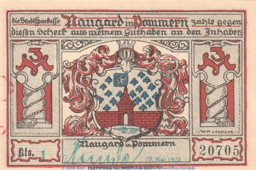 Notgeld Sparkasse Naugard 923.1.a , 3 Mark Schein -grün gest- in kfr. von 1922 , Pommern Seriennotgeld