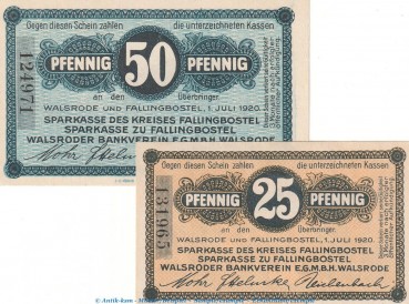 Notgeld Sparkassen Walsrode , Set mit 2 Scheinen in kfr. Tieste 7680.05.20-21 von 1920 , Niedersachsen Verkehrsausgabe