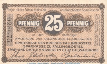 Notgeld Sparkasse Walsrode , 25 Pfennig Schein in kfr. Tieste 7680.05.10 von 1919 , Niedersachsen Verkehrsausgabe