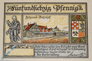 Notgeld St. Andreasberg , 75 Pfennig Schein gestrichelt o. Kn , Mehl Grabowski 1164.1 b , von 1921 , Niedersachsen Serien Notgeld