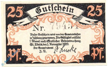 Notgeld St. Tönis , 25 Pfennig Schein Nr 2 , Mehl Grabowski 1167.1 , von 1920 , Westfalen Seriennotgeld