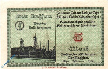 Notgeld Staßfurt , Stadt , 5 Mark Schein f-kfr , Geiger 507.01.b , 01.10.1918 , Sachsen Großnotgeld