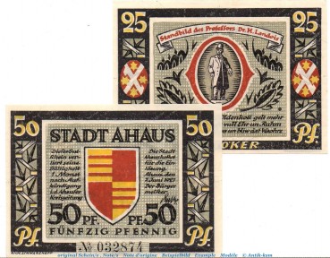 Notgeld Stadt Ahaus 3.1 , Set mit 2 Scheinen von 1921 , Westfalen Seriennotgeld