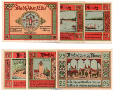 Notgeld Stadt Aken 8.2.b , Set mit 6 Scheinen Papier dick in kfr. von 1921 , Sachsen Anhalt Seriennotgeld