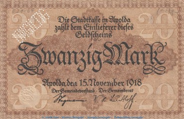 Notgeld Stadt Apolda , 20 Mark Schein in gbr.E , Geiger 021.04 von 1918 , Thüringen Grossnotgeld