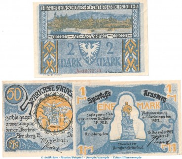 Notgeld Stadt Arnsberg 42.1 , Set mit 3 Scheinen in kfr. von 1921 , Westfalen Seriennotgeld