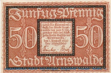 Notgeld Stadt Arnswalde 0205.05.31 , 50 Pfennig Schein in kfr. , von 1920 , Brandenburg Verkehrsausgabe