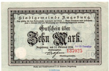 Notgeld Stadt Augsburg , 10 Mark Schein in kfr.E , Geiger 025.06.a von 1918 , Bayern Großnotgeld