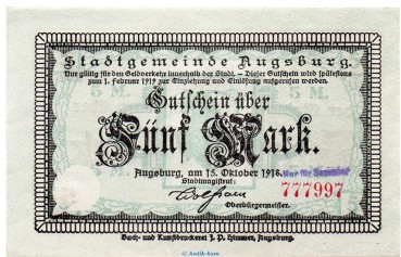 Notgeld Stadt Augsburg , 5 Mark Schein in kfr.E Geiger 025.05 von 1918 , Bayern Großnotgeld