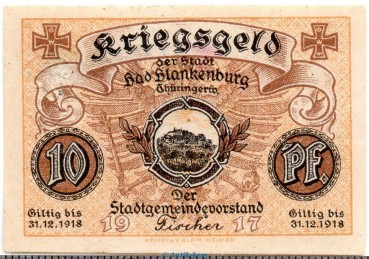 Notgeld Stadt Bad Blankenburg 0715.05.10 , 10 Pfennig Schein in kfr. von 1917 , Thüringen Verkehrsausgabe