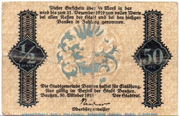 Notgeld Stadt Bautzen 0360.20.10 , 1/2 Mark Schein in gbr. 10.1918 , Sachsen Verkehrsausgabe