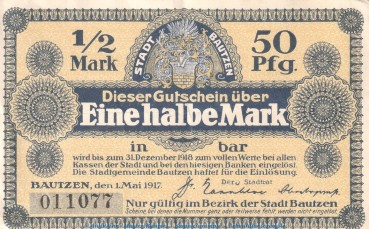 Notgeld Stadt Bautzen , 1 halbe Mark Schein in gbr. Tieste 0360.20.01 von 1917 , Sachsen Verkehrsausgabe