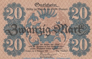 Notgeld Stadt Bautzen , 20 Mark Schein in kfr. Geiger 030.03 von 1918 , Sachsen GNotgeld Stadt Bautzen , 20 Mark Schein in kfr. Geiger 030.03 von 1918 , Sachsen Grossnotgeldrossnotgeld