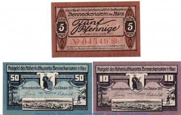 Notgeld Stadt Benneckenstein 0405.05.01-03 , Set mit 3 Scheinen in kfr. von 1919 , Sachsen Anhalt Verkehrsausgabe