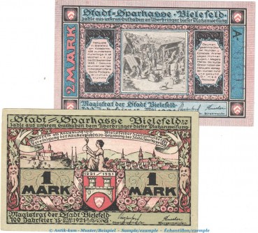 Notgeld Stadt Bielefeld 103.6 , Set mit 2 Scheinen in kfr. von 1921 , Westaflen Seriennotgeld