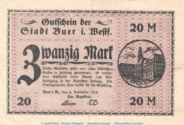 Notgeld Stadt Buer , 20 Mark Schein in gbr.E Geiger 071.01 von 1918 , Westfalen Grossnotgeld