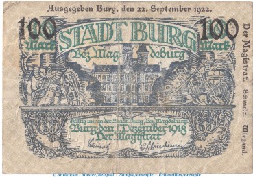 Notgeld Stadt Burg , 100 Mark -Überdruck- in gbr. Müller 720.2 von 1922 , Sachsen Anhalt Inflation