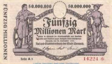 Notgeld Stadt Chemnitz , 50 Millionen Mark Schein in gbr. Keller 740.h von 1923 , Sachsen Inflation