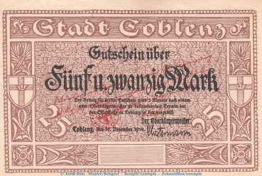 Notgeld Stadt Coblenz , 25 Mark Überdruck in kfr. Geiger 082.W3 von 1922 , Rheinland Grossnotgeld