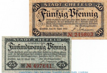 Notgeld Stadt Crefeld 1220.05.25-26 , Set mit 2 Scheinen H in kfr. von 1920 , Rheinland Verkehrsausgabe