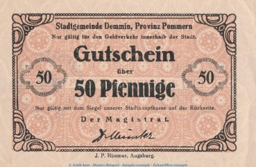 Notgeld Stadt Demmin 1335.10.56 , 50 Pfennig Schein in kfr. o.D. Pommern Verkehrsausgabe