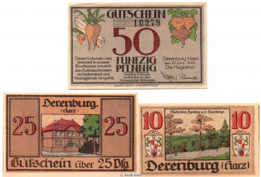 Notgeld Stadt Derenburg 263.1 , Set mit 3 Scheinen in kfr. von 1920 , Sachsen Anhalt Seriennotgeld