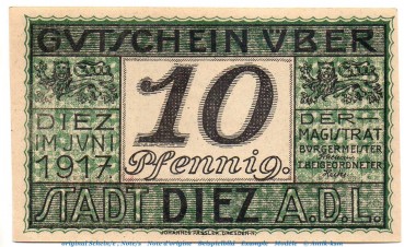 Notgeld Stadt Diez 1375.05.15 , 10 Pfennig Schein in kfr. von 1917 , Hessen Verkehrsausgabe