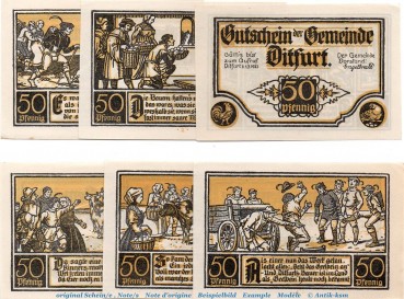 Notgeld Stadt Ditfurt 275.3 , Set mit 6 Scheinen in kfr. von 1921 , Sachsen Anhalt Seriennotgeld