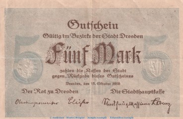 Notgeld Stadt Dresden , 5 Mark Schein in gbr. Geiger 108.01 von 1918 , Sachsen Grossnotgeld