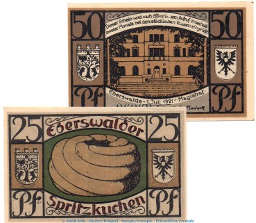 Notgeld Stadt Eberswalde 303.1 a , Set mit 2 Scheinen in kfr. von 1921 ,  Brandenburg Seriennotgeld