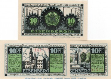 Notgeld Stadt Eisenberg 322.1.a-b , Set mit 3 Scheinen in kfr. o.D. , Thüringen Seriennotgeld