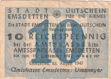 Notgeld Stadt Emsdetten , 10 Pfennig Schein in gbr. Topp 255.2 von 1947 , Westfalen Notgeld 1945-48