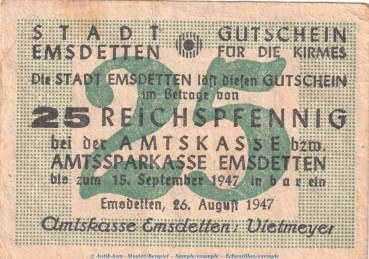 Notgeld Stadt Emsdetten , 25 Pfennig Schein in gbr. Topp 255.3 von 1947 , Westfalen Notgeld 1945-48