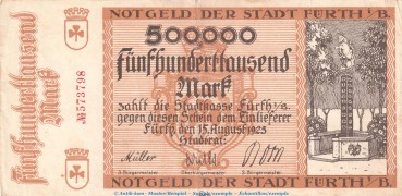 Notgeld Stadt Fürth , 500.000 Mark Schein in gbr. Keller 1654.d von 1923  Bayern