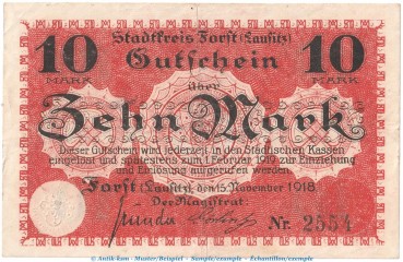 Notgeld Stadt Forst , 10 Mark Schein in gbr. Geiger 147.02.c von 1918 , Brandenburg Grossnotgeld