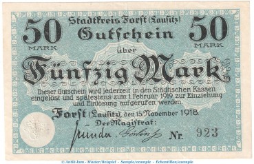 Notgeld Stadt Forst , 50 Mark Schein in gbr. Geiger 147.04.c von 1918 , Brandenburg Grossnotgeld