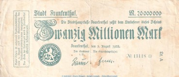 Notgeld Stadt Frankenthal , 20 Millionen Mark Schein in gbr. Keller 1520.g von 1923 , Pfalz InflationNotgeld Stadt Frankenthal , 20 Millionen Mark Schein in gbr. Keller 1520.g von 1923 , Pfalz Inflation