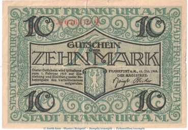 Notgeld Stadt Frankfurt a.M. 10 Mark Schein in gbr. Geiger 150.02 , 15.10.1918 , Hessen Großnotgeld