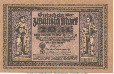 Freiberg , Notgeld 20 Mark Schein in kfr. Bühn 1753.3 , Sachsen 1918 Grossnotgeld