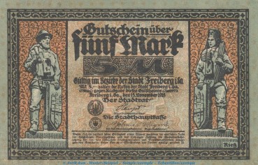 Notgeld Stadt Freiberg , 5 Mark Schein in kfr. Geiger 157.01.a von 1918 , Sachsen Grossnotgeld