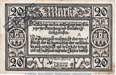 Notgeld Stadt Freiburg , 20 Mark -verlängert- in gbr. Müller 1565.2 von 1922 , Baden Grossnotgeld