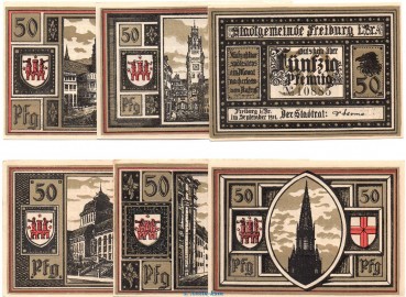 Notgeld Stadt Freiburg 382.1 , Set mit 6 Scheinen in kfr. von 1921 , Baden Württemberg Seriennotgeld